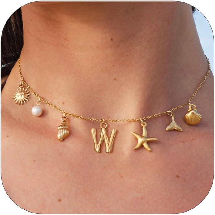 Initial Charm Necklace For Women Shell Letter Necklaces Gold Charms Pendant Boho Summer Seashell Beach 14k Starfish Surfer Jewelry Gifts