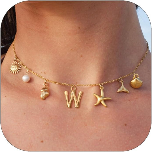 Initial Charm Necklace For Women Shell Letter Necklaces Gold Charms Pendant Boho Summer Seashell Beach 14k Starfish Surfer Jewelry Gifts