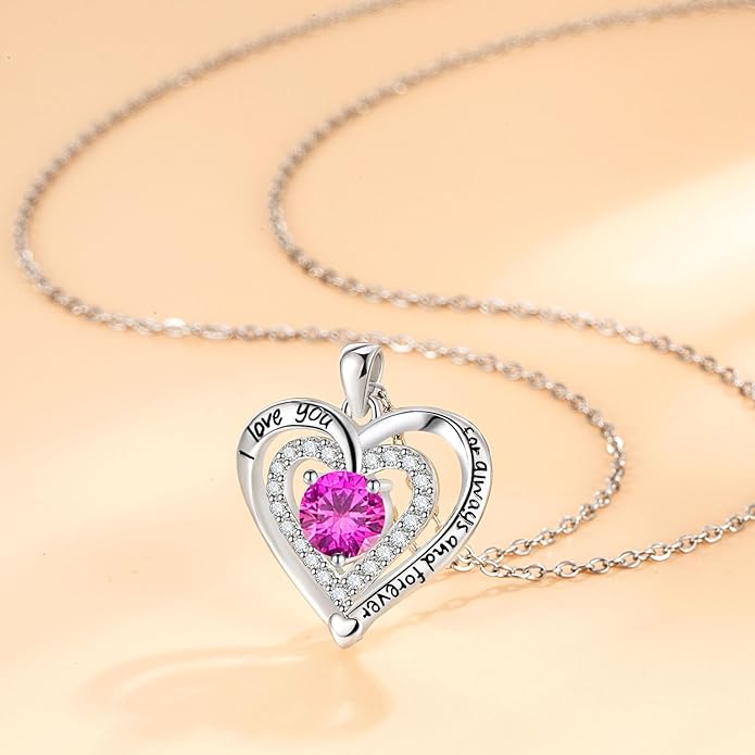 Heart Necklace, I Love You Always & Forever, Birthstone Cubic Zirconia Pendant, Gift for Women