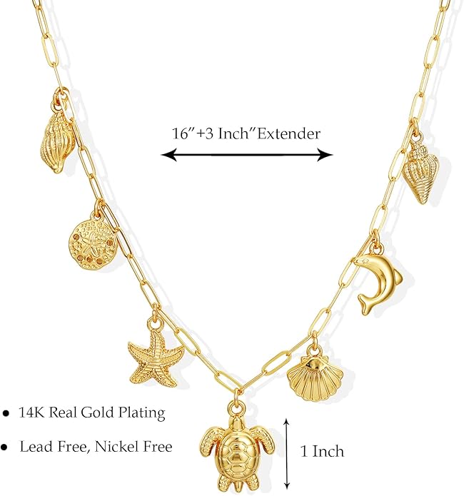 Charm Necklace for Women, 14K Gold Plated Shell Sun Starfish Summer Beach Necklace 16+3" Paperclip Chain Jewelry Gifts