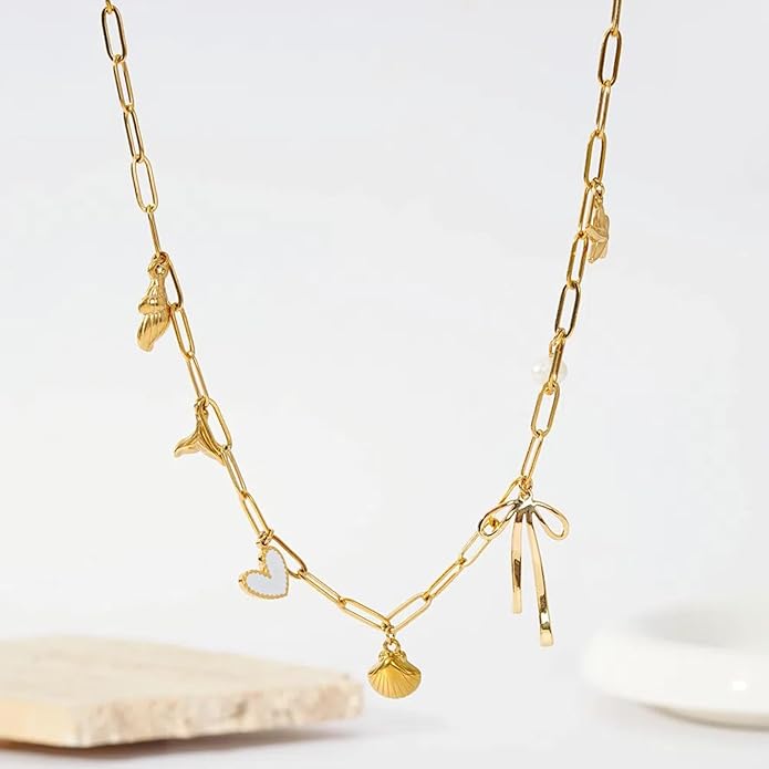 Charm Necklace for Women 14K Gold Plated Shell Cowgirl Boot Horseshoe Bow Heart Pendant Necklace Beach Western Jewelry