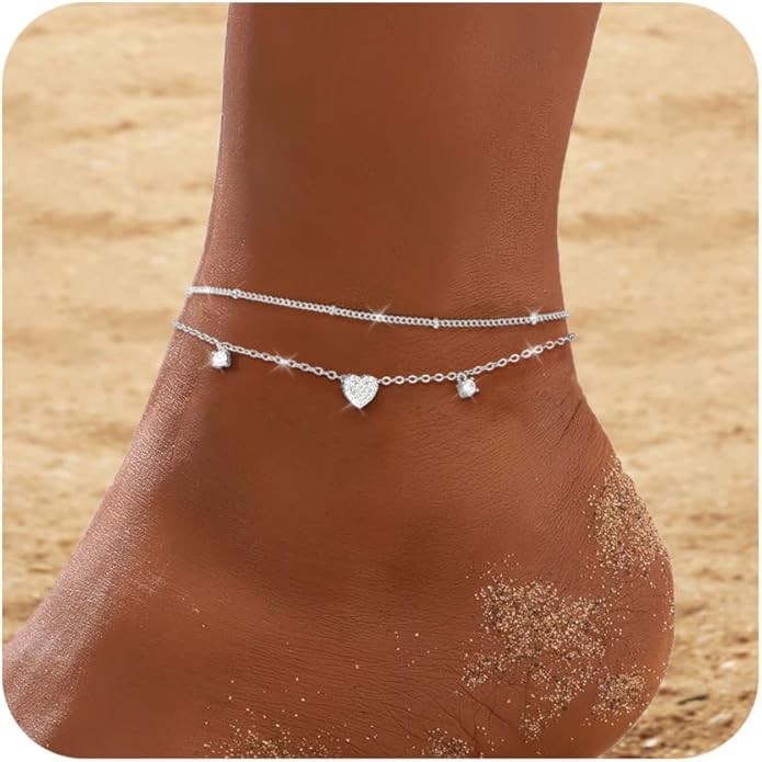 RLMOON Gold Anklets for Women CZ Ankle Bracelet 14K Gold Plated Waterproof Dainty Layered Tennis Heart Dot Chain Silver Clover Anklet Trendy Foot Jewelry
