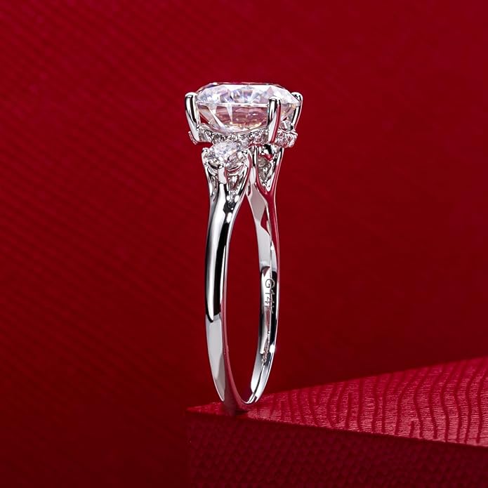 Solid 14K Gold 3.36ct Moissanite Three Stone Rings (3ct Center Stone), Round/Oval/Emerald Shape, Real Gold | D Color and Flawless Moissanite | Wedding Anniversary Ring