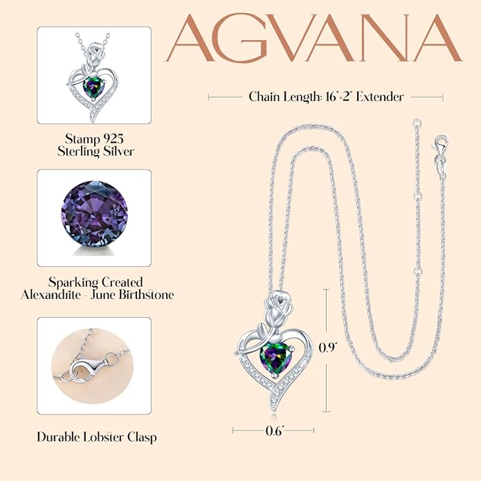 AGVANA Rosy Reverie Birthstone Necklace for Women Sterling Silver Genuine or Created Gemstone Rose Flower Heart Pendant Necklace Anniversary Birthday Gifts for Women Mom Wife Her