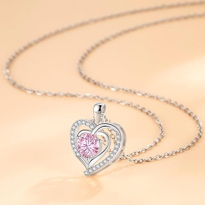 Heart Necklace, I Love You Always & Forever, Birthstone Cubic Zirconia Pendant, Gift for Women