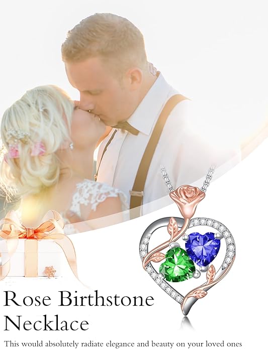 Jewelry for Her Double Heart Rose Birthstone Pendant Necklace Anniversary Jewelry Christmas Birthday Gifts for Women Wife Girlfriend