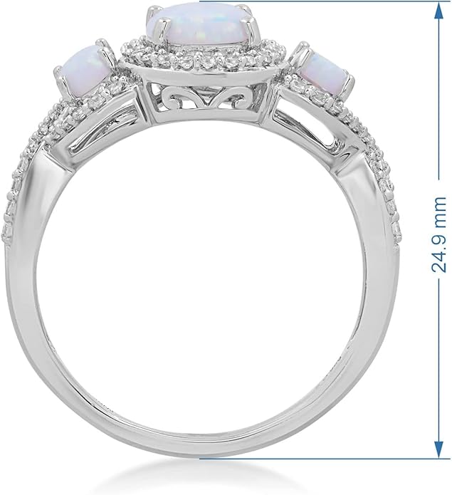Jewelili Sterling Silver 8X6 MM and 5X3 MM Oval Created Opal and Round Created White Sapphire 3-Stone Engagement Ring