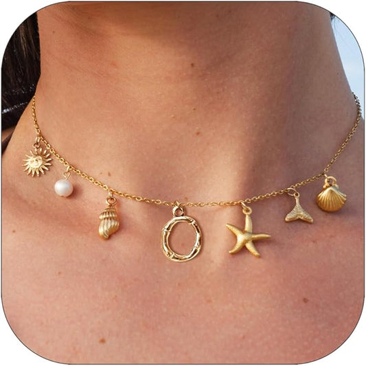 Initial Charm Necklace For Women Shell Letter Necklaces Gold Charms Pendant Boho Summer Seashell Beach 14k Starfish Surfer Jewelry Gifts