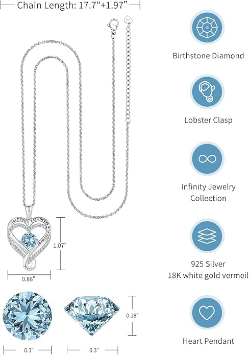 Jewelry for Women Wife Infinity Heart Birthstone I Love You Necklace S925 Anniversary Women Necklaces for Her Wife Birthday Gift Ideas, Birthday Present for Girlfriend Mom Daughter Sterling Silver