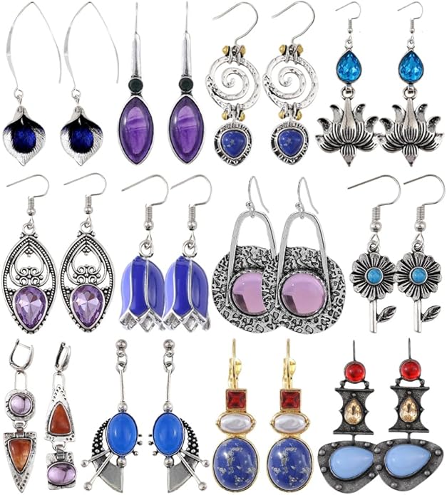 12 Pairs Vintage Geometric Druse Crystal Drop Dangle Earrings Ethnic Style Vintage Boho Jewelry Waterdrop Earrings Jewelry Set for Women