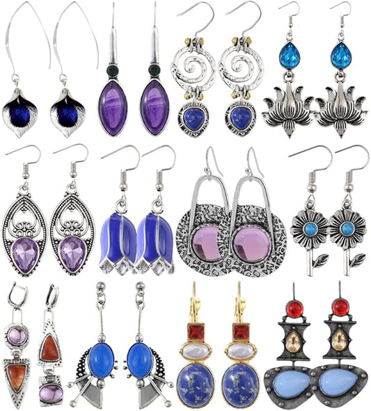 12 Pairs Vintage Geometric Druse Crystal Drop Dangle Earrings Ethnic Style Vintage Boho Jewelry Waterdrop Earrings Jewelry Set for Women