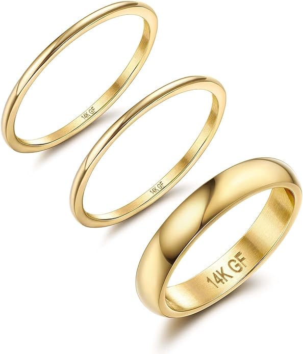 Jstyle 14K Gold Filled Stacking Rings for Women, Minimalist Stackable Gold Rings, Dainty Non Tarnish Pinky Thumb Statement Thin Band Rings Set, Comfort Fit 1mm 3mm