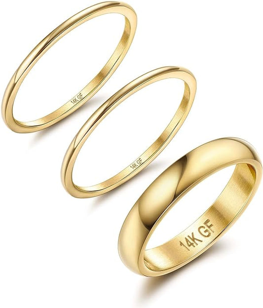 Jstyle 14K Gold Filled Stacking Rings for Women, Minimalist Stackable Gold Rings, Dainty Non Tarnish Pinky Thumb Statement Thin Band Rings Set, Comfort Fit 1mm 3mm