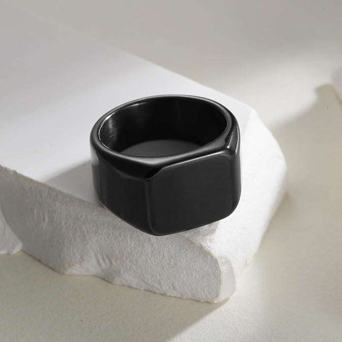 Mens Signet Rings Stainless Steel Pinky Ring for Men Women Silver/Black/Gold Square Cool Finger Ring, Gift for Dad Husband