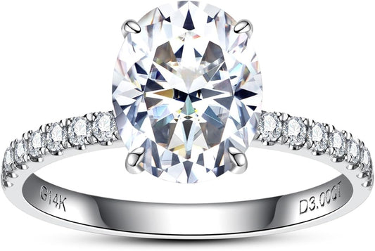 14K Solid Gold Side Stones Ring, Round/Princess Cut Centerpiece Moissanite Lab Grown Created Diamond, D Color and Flawless Real Gold Wedding Anniversary Ring