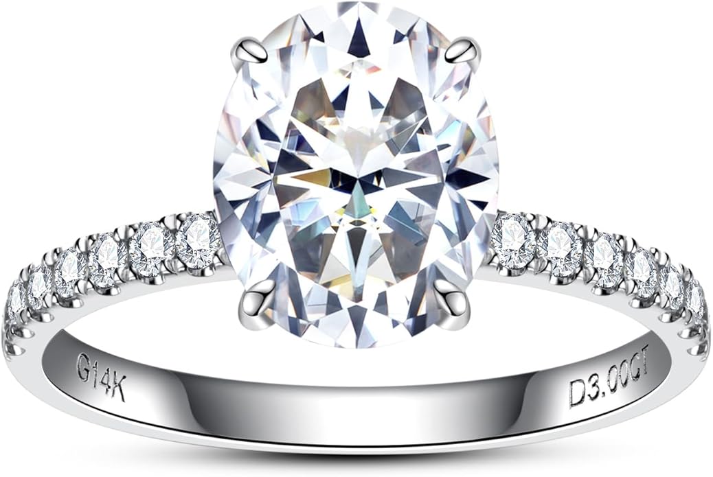 14K Solid Gold Side Stones Ring, Round/Princess Cut Centerpiece Moissanite Lab Grown Created Diamond, D Color and Flawless Real Gold Wedding Anniversary Ring