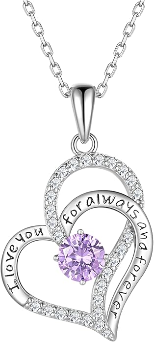 Heart Birthstone Silver Necklace for Women, S925 Sterling Silver Pendant Necklace Birthday Jewelry Gifts for Her Mother Mom Wife Girlfriend
