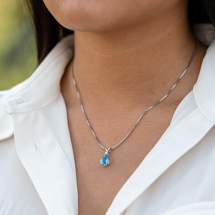 PEORA 14K White Gold Swiss Blue Topaz with Diamond Pendant for Women, Natural Gemstone Teardrop Solitaire, 2.30 Carats total Pear Shape 10x7mm, Blue Gemstone Necklace,