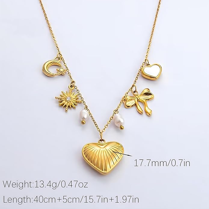 Chunky Retro Heart Necklace for Women Antique Layer Beach Ocean Moon Stars Western Boho Charm Necklaces Retro Link Chain Jewelry