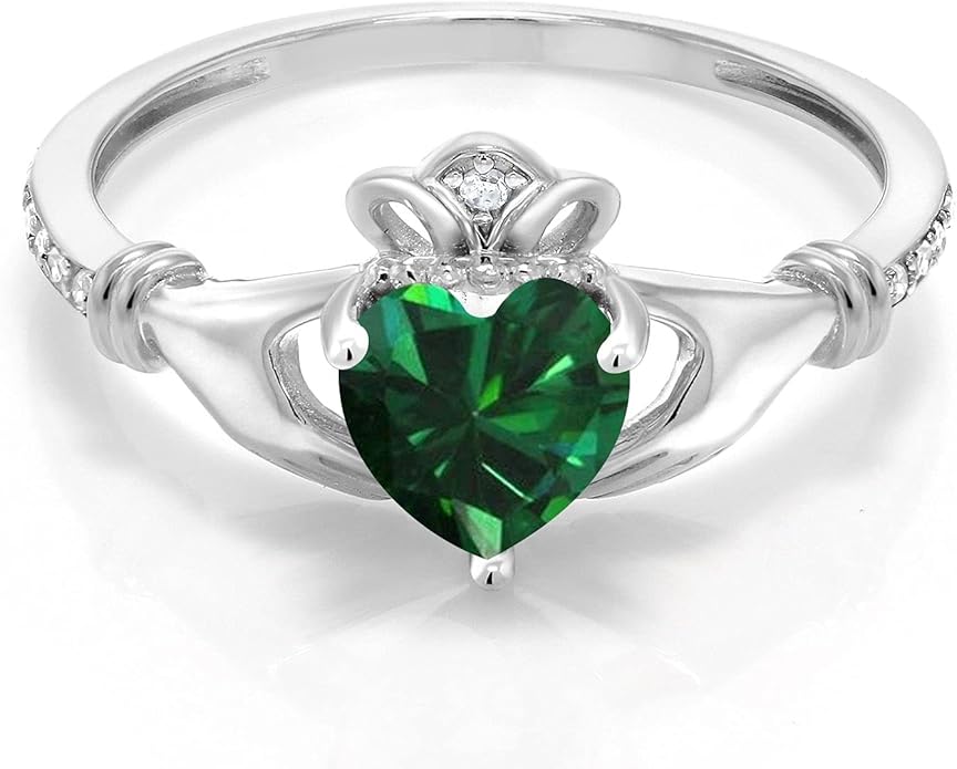 Gem Stone King 10K White Gold 6MM Heart Shape Gemstone Birthstone and White Diamond Irish Celtic Claddagh Engagement Ring | Gold Ring For Women | Available In Size 5, 6, 7, 8, 9