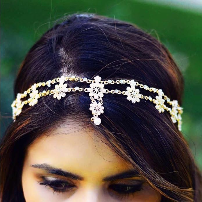 Yalice Indian Flower Head Chain Jewelry Gold Crystal Headband Elastic Goddess Headpieces Rhinestone Wedding Hair Chain Jewelry for Women(Gold-1)