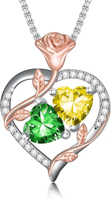 Jewelry for Her Double Heart Rose Birthstone Pendant Necklace Anniversary Jewelry Christmas Birthday Gifts for Women Wife Girlfriend