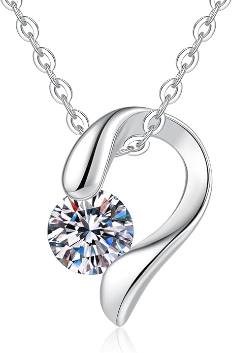 Moissanite Heart Necklace for Women – Shiny Pendant of Love with 925 Sterling Silver Chain, 1-2 Carat Moissanite, Adjustable 18-20 Inch, Romantic Anniversary Jewelry