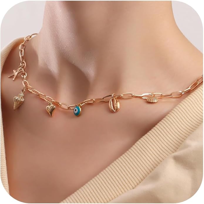 Choistily Charm Necklace Dainty Gold Western Outfit Beach Jewelry for Women Trendy Cowgirl Accessories for Women Gold Bow Sea Shell Pendant Necklace Preppy Stuff Summer Jewelry 2025