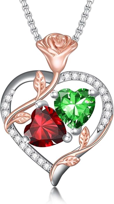 Jewelry for Her Double Heart Rose Birthstone Pendant Necklace Anniversary Jewelry Christmas Birthday Gifts for Women Wife Girlfriend