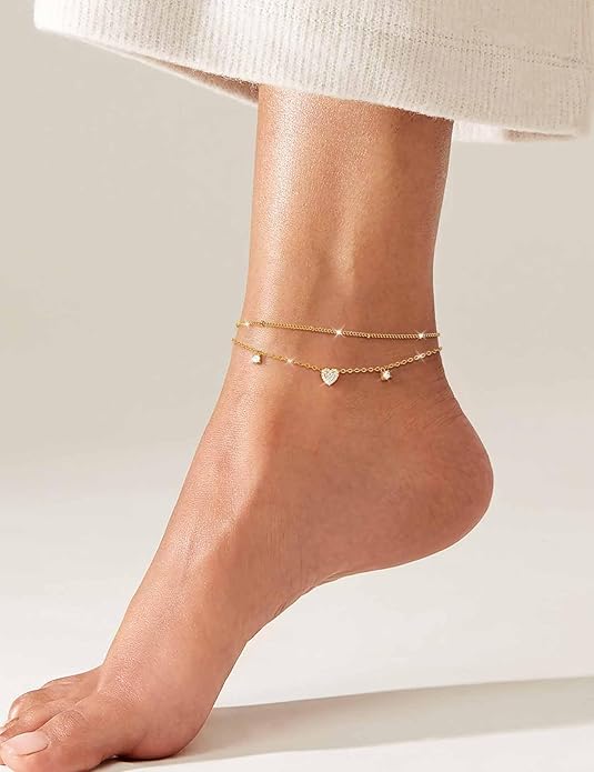 RLMOON Gold Anklets for Women CZ Ankle Bracelet 14K Gold Plated Waterproof Dainty Layered Tennis Heart Dot Chain Silver Clover Anklet Trendy Foot Jewelry