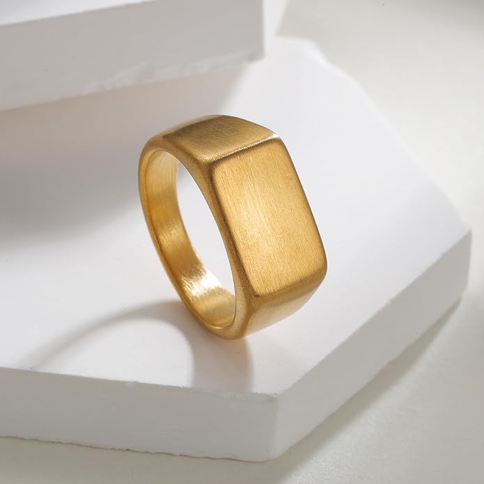 Mens Signet Rings Stainless Steel Pinky Ring for Men Women Silver/Black/Gold Square Cool Finger Ring, Gift for Dad Husband