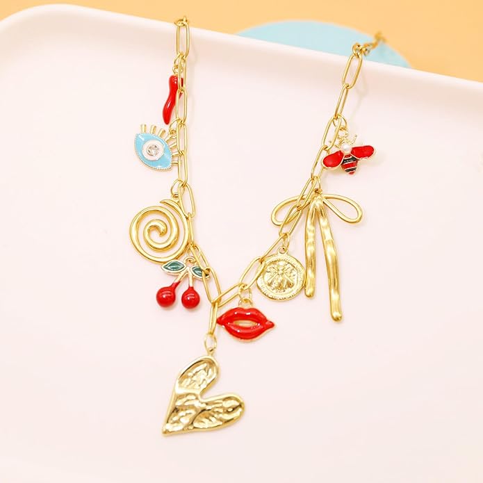 Chunky Retro Heart Necklace for Women Antique Layer Beach Ocean Moon Stars Western Boho Charm Necklaces Retro Link Chain Jewelry