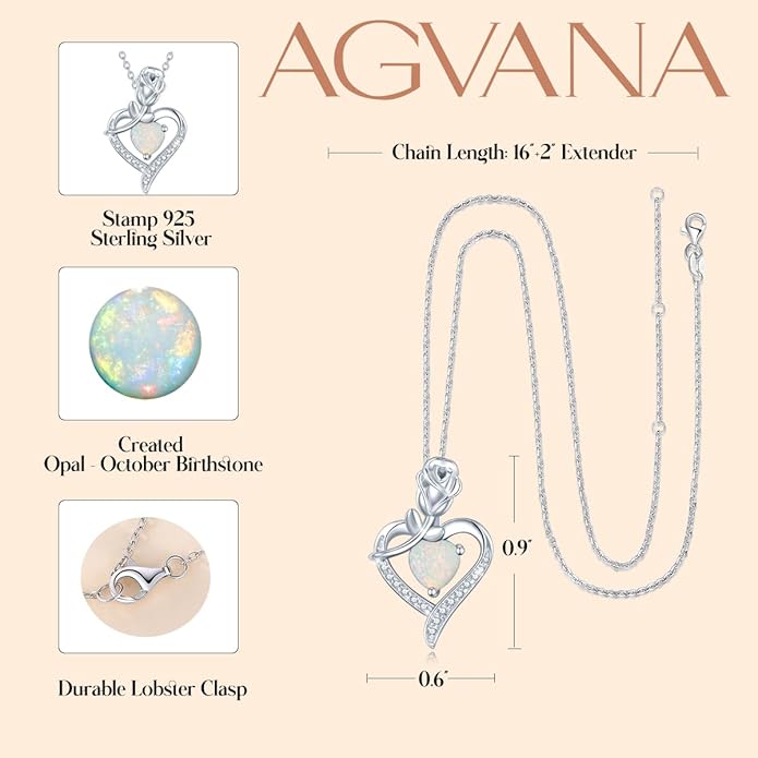 AGVANA Rosy Reverie Birthstone Necklace for Women Sterling Silver Genuine or Created Gemstone Rose Flower Heart Pendant Necklace Anniversary Birthday Gifts for Women Mom Wife Her