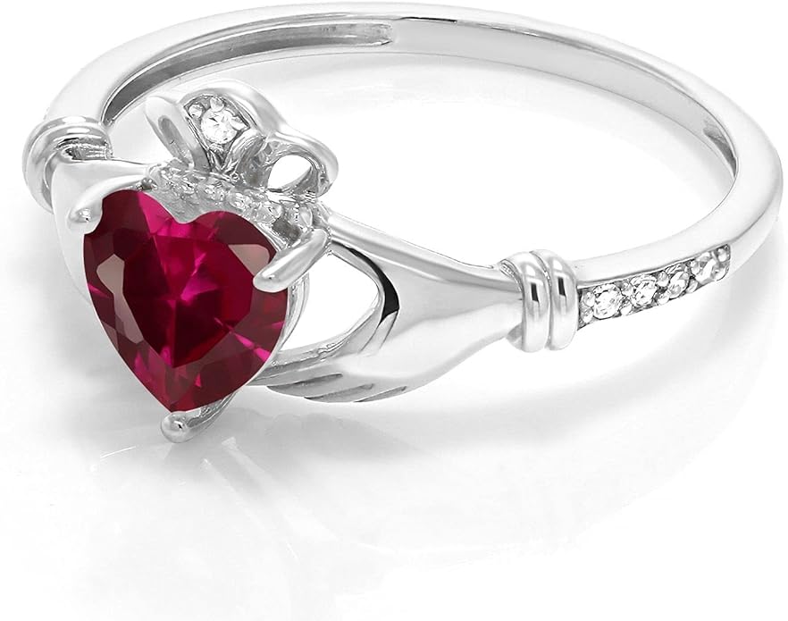 Gem Stone King 10K White Gold 6MM Heart Shape Gemstone Birthstone and White Diamond Irish Celtic Claddagh Engagement Ring | Gold Ring For Women | Available In Size 5, 6, 7, 8, 9