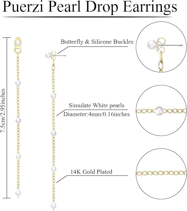 Pearl Earrings，4mm 5mm 6mm Gold/Silver Dangle Earrings for Women White Long Drop Pearl Dangling Earrings Bridal Wedding Dainty Prom Earrings Birthday Gifts Jewelry
