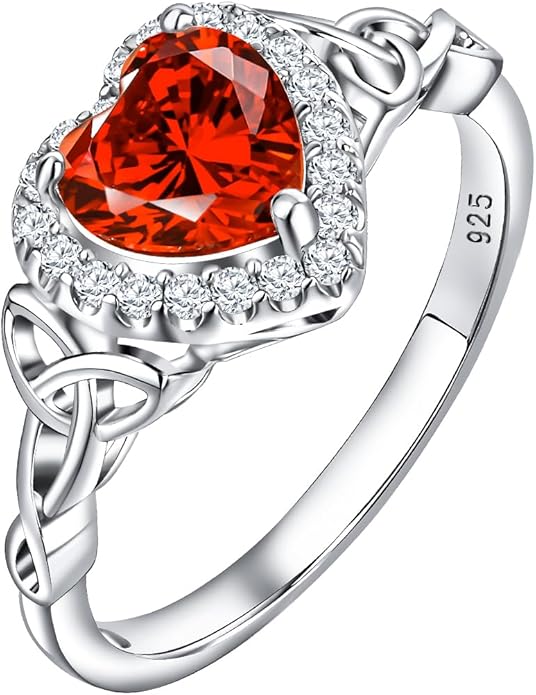 DAYBYDAY Celtic Birthstone Rings for Women 925 Sterling Silver Heart/Round/Pear/Oval Created Gemstone Moissanite Halo Engagement Promise Rings for Her Wife Birthday Anniversary Wedding Jewelry