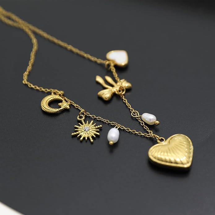 Chunky Retro Heart Necklace for Women Antique Layer Beach Ocean Moon Stars Western Boho Charm Necklaces Retro Link Chain Jewelry