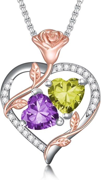 Jewelry for Her Double Heart Rose Birthstone Pendant Necklace Anniversary Jewelry Christmas Birthday Gifts for Women Wife Girlfriend