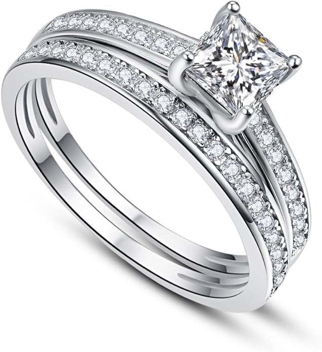1.35ct Princess Cut Engagement Ring 925 Sterling Silver Wedding Band Set for Women Cubic Zirconia Bridal Sets Size 5-10