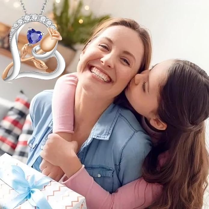 Rose Flower Heart Birthstone Necklaces for Women, 925 Sterling Silver Anniversary Jewelry, Pendant Heart Necklaces Birthday Anniversary Christmas Gift for Women Wife Mom Girlfriend Lady