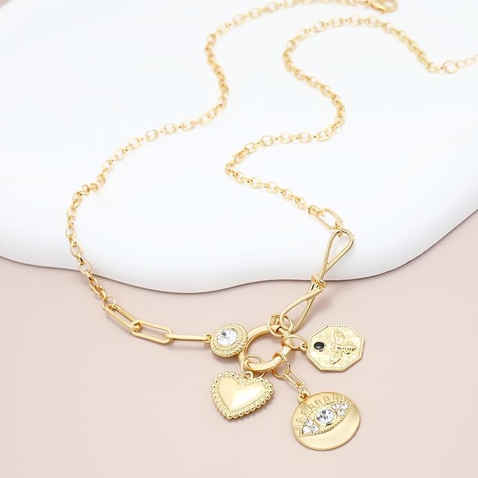Charm Necklace for Women Gold Evil Eye Sun Moon Flower Coin Pendant Necklace Dainty Paperclip Chain Vintage Luck Amulet Choker Necklaces Celestial Jewelry Gift