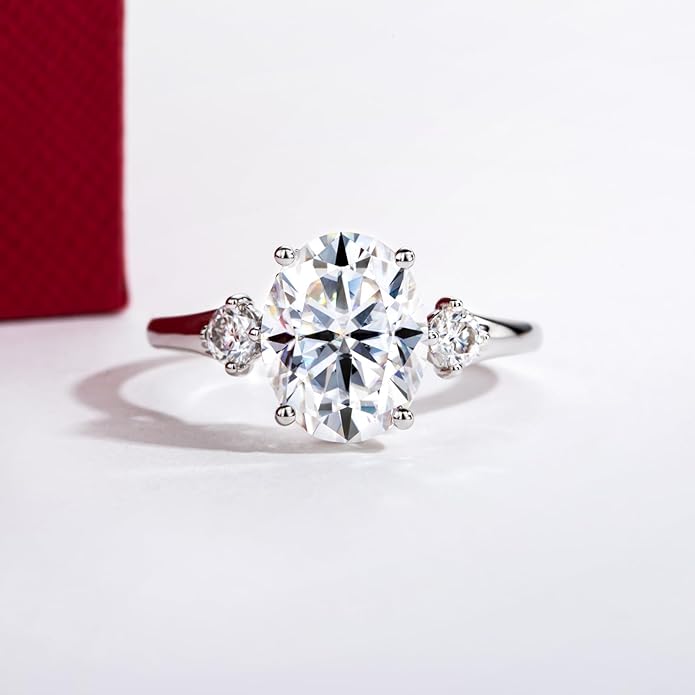 Solid 14K Gold 3.36ct Moissanite Three Stone Rings (3ct Center Stone), Round/Oval/Emerald Shape, Real Gold | D Color and Flawless Moissanite | Wedding Anniversary Ring