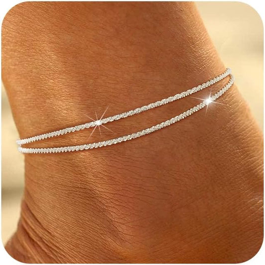 Ritach Ankle Bracelets for Women - Stainless Steel Silver/Gold Anklets for Women Waterproof Layered Cuban Link Figaro Chain Heart Anklets Set Summer Beach Jewelry Gifts