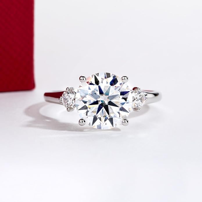 Solid 14K Gold 3.36ct Moissanite Three Stone Rings (3ct Center Stone), Round/Oval/Emerald Shape, Real Gold | D Color and Flawless Moissanite | Wedding Anniversary Ring