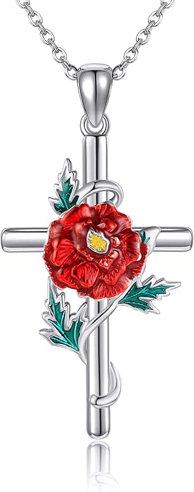 Flower Cross Necklace 925 Sterling Silver Carnation/Rose/Lily/Daisy Cross Necklace Birth Flower Jewelry for Women