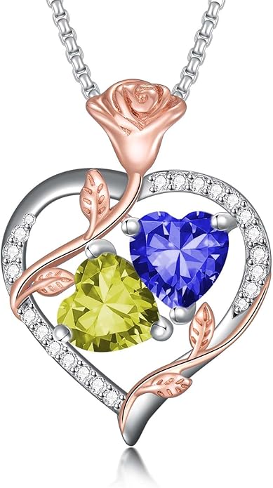 Jewelry for Her Double Heart Rose Birthstone Pendant Necklace Anniversary Jewelry Christmas Birthday Gifts for Women Wife Girlfriend