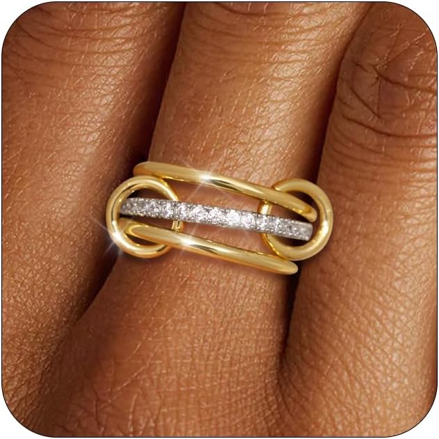 TLY Stackable Gold Rings for Women Non Tarnish 18K Gold Plated Interlocking Ring Stack Set Gold Silver Mixed Metal Statement Rings Dainty Cubic Zirconia CZ Fashion Connected Band Thumb Ring Size 4-11 Jewelry Gift for Women