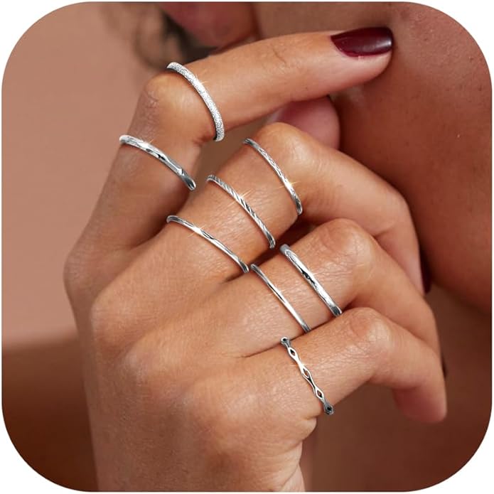 YADOCA 8Pcs 1MM 2MM Stainless Steel Rings for Women Men Minimalist Fashion Dainty Plain Thin Knuckle Stacking Midi Thumb Rings Stackable Statement Band Rings Set Silver Gold Tone Size 4-12