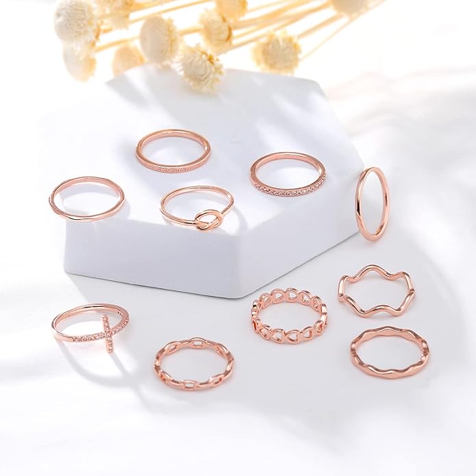 ZOERAY 10PCS 14K Gold Plated Stacking Rings for Women Thumb Stackable Knuckle Band Rings Plain Twist Thin Joint Finger Wedding Gold Ring Set for Women Size 4 to 11