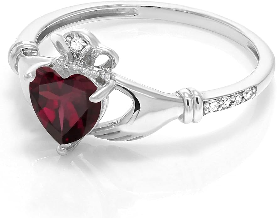 Gem Stone King 10K White Gold 6MM Heart Shape Gemstone Birthstone and White Diamond Irish Celtic Claddagh Engagement Ring | Gold Ring For Women | Available In Size 5, 6, 7, 8, 9